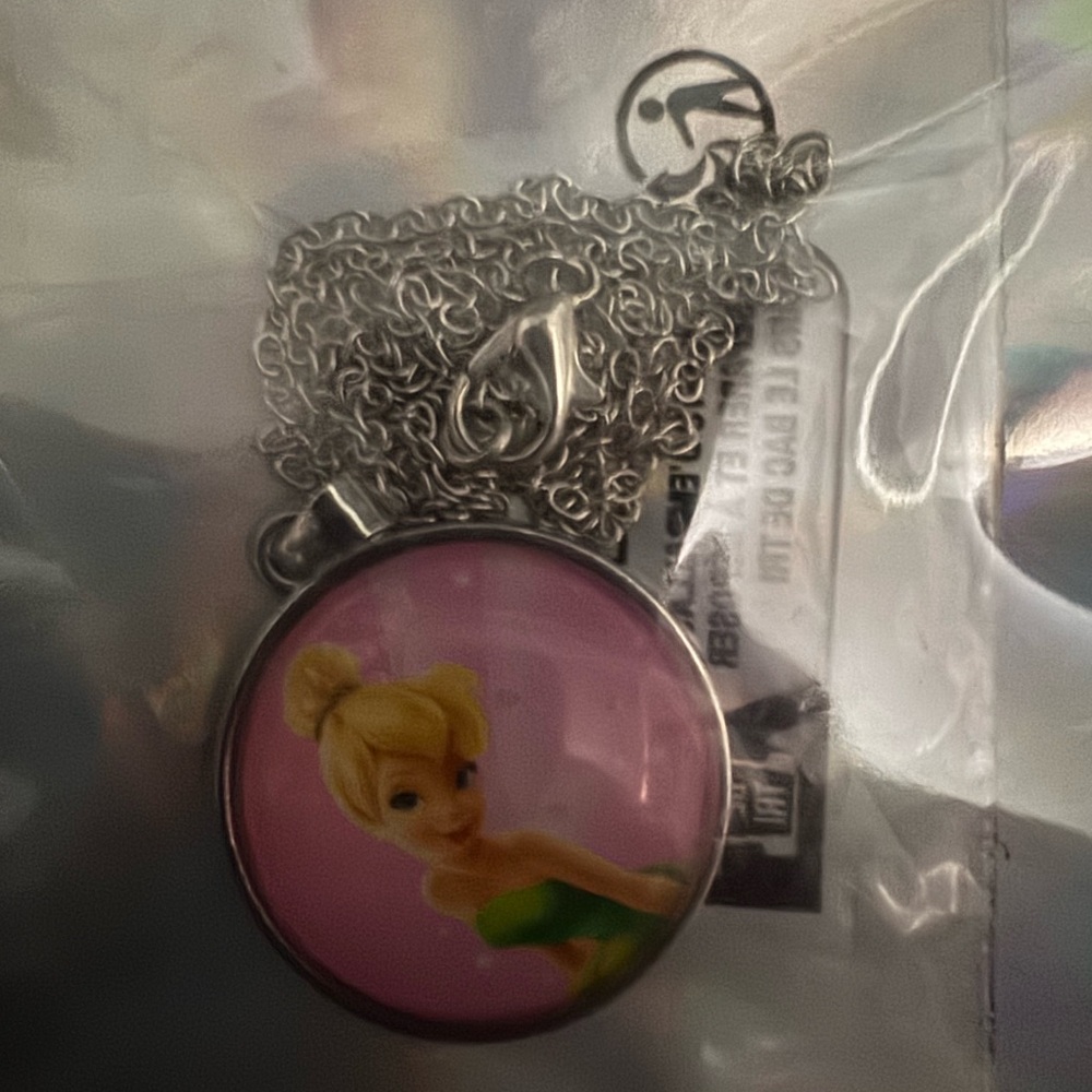 Disney Tinkerbell Pendant Silver Necklace - Pink background